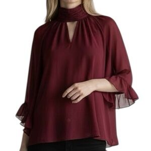NWT VINCE CAMUTO Burgundy Flutter Sleeve High Neck Blouse Size Small